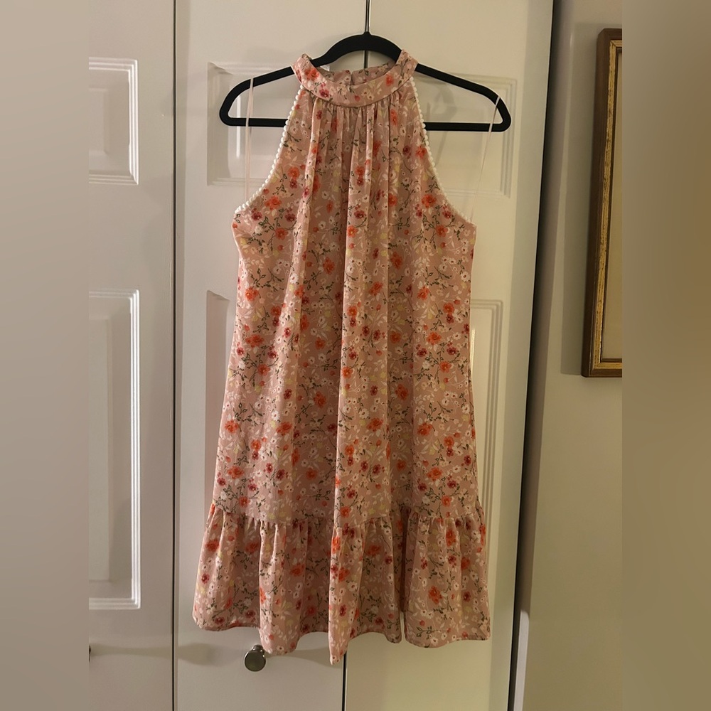 Nicole Miller Pink Floral Halter Swing Dress
